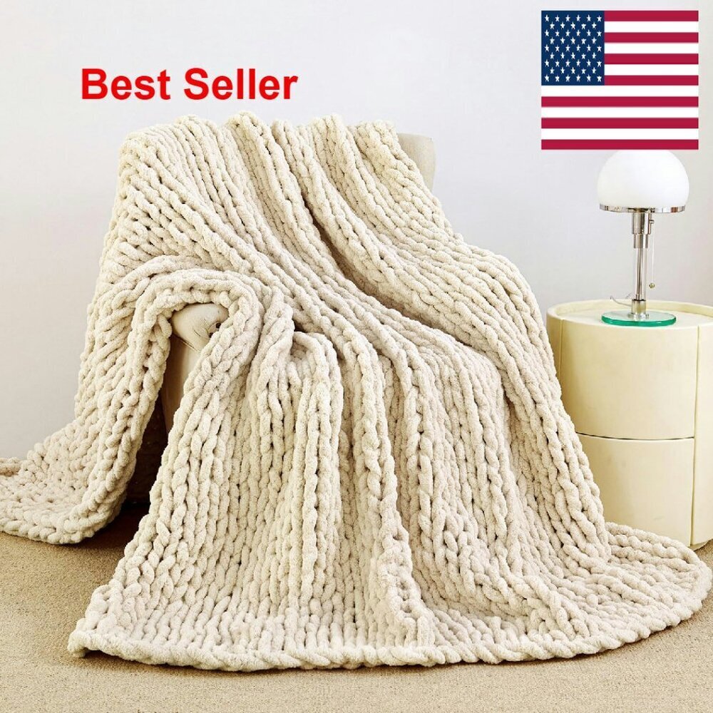 Chunky Knit Chenille Throw Blanket Soft Cozy Modern Boho Home Decor